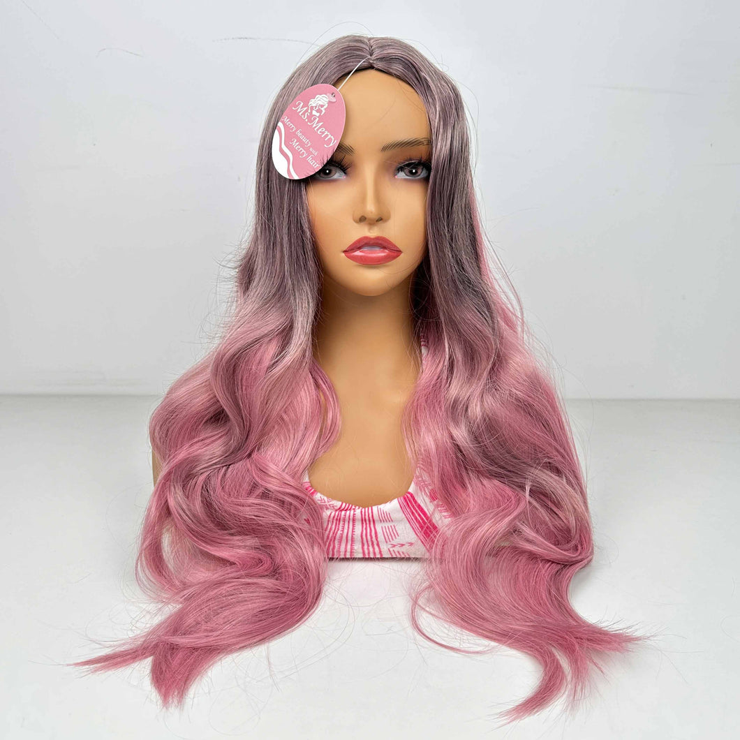 Ms. Merry Ombre Pink False  Hair Wig Long Curly Wavy Synthetic Beginners Friendly Heat Resistant Elegant For Daily Use Wigs For Women