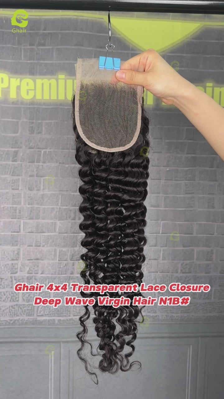 Ghair 4x4 Transparent Lace Closure Deep Wave Virgin Hair N1B#