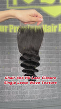 Load and play video in Gallery viewer, Ghair 4x4 HD Lace Closure Loose Deep Wave Virgin Hair N1B#
