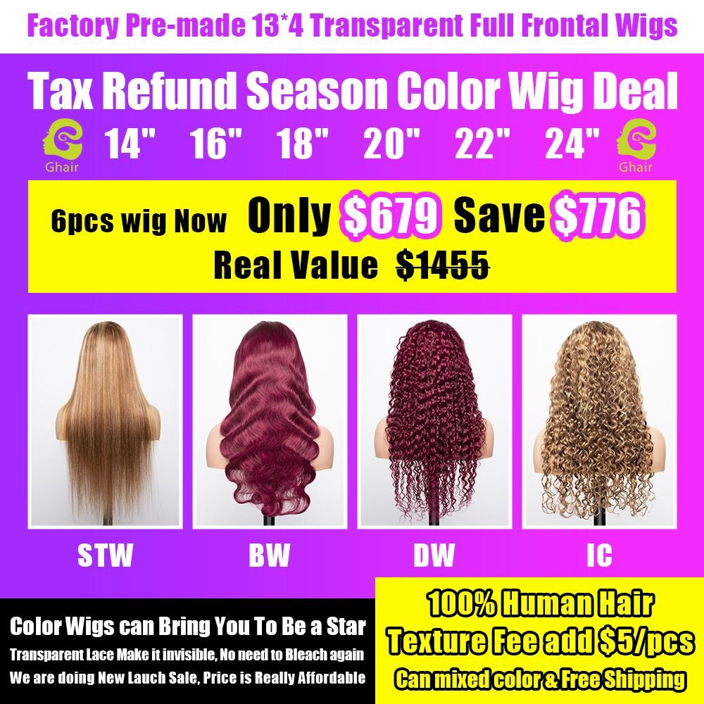 Ghair Wholesale Factory 13*4 Transparent Full Frontal Color Wig Deal 6pcs Wigs