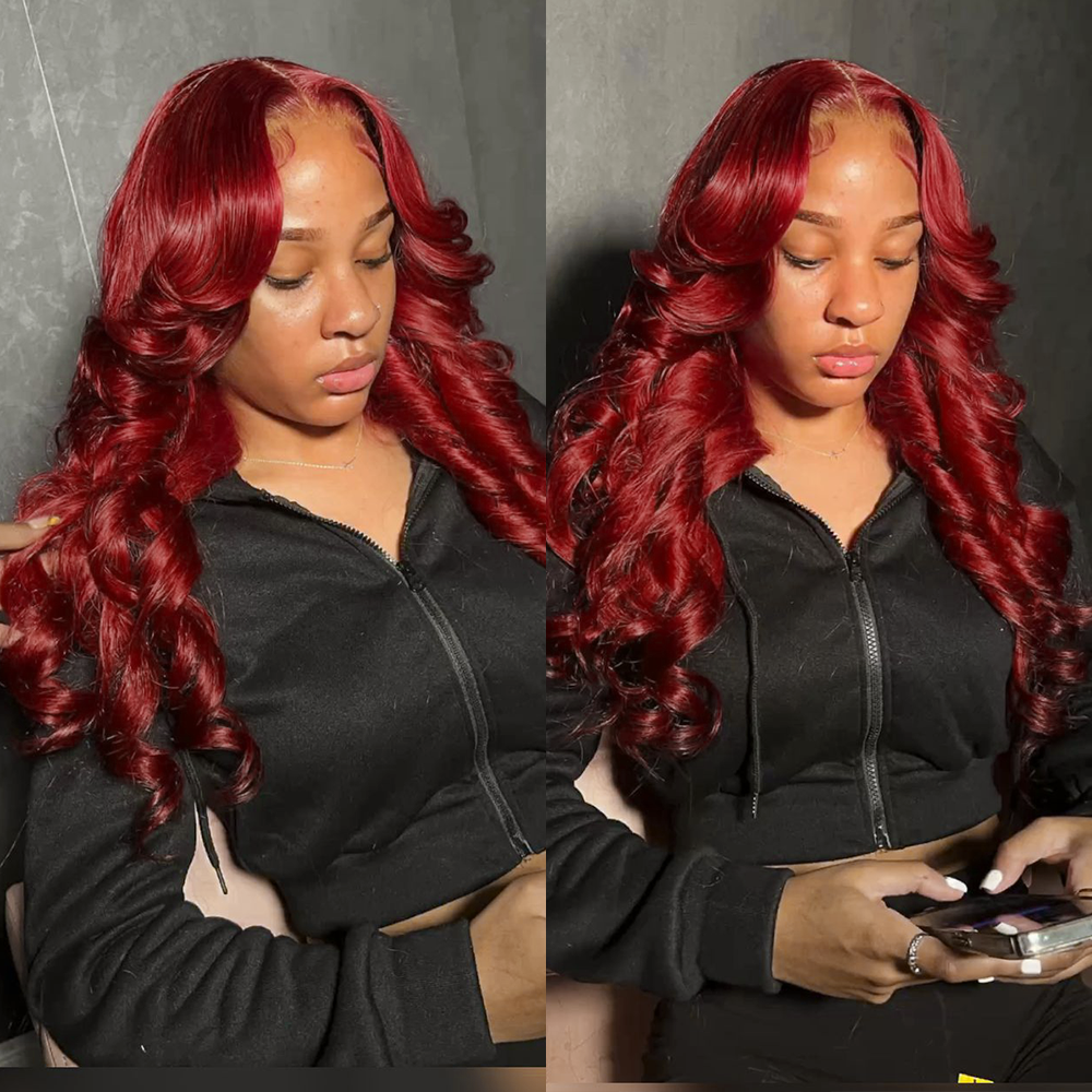 Ghair Dark Red 5x5 Transparent Lace Closure Wigs 100% Human Virgin Hair Body Wave Colored Wig