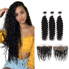 Load image into Gallery viewer, Ghair 100% Virgin Human Hair 3 Bundles With 13x4 HD Lace Frontal 12A Deep Wave Hair Brazilian Hair
